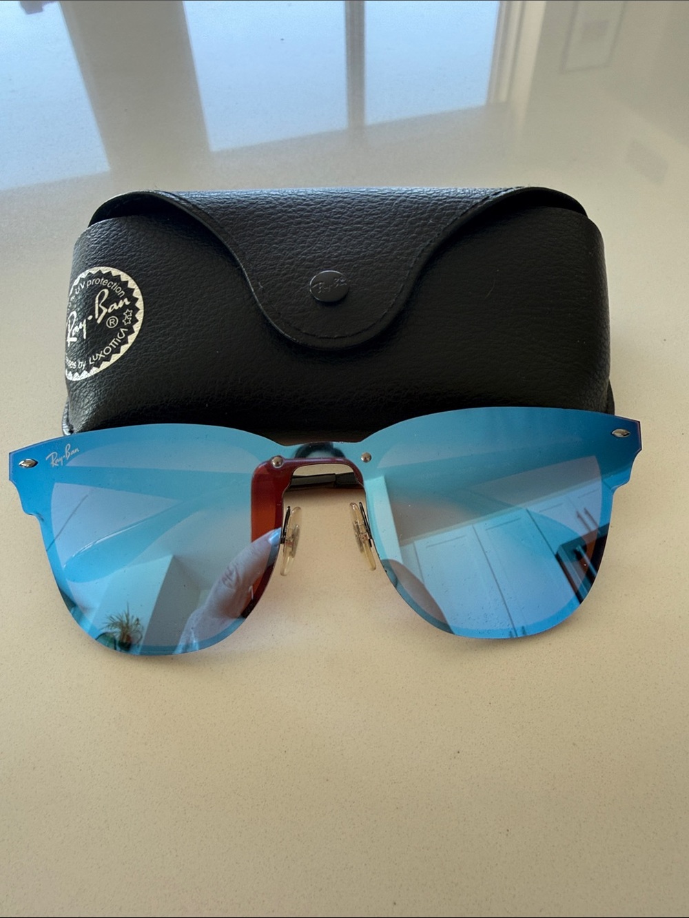 Ray-Ban Women's Blue Mirrored Rimless Sunglasses with Brown Bridge